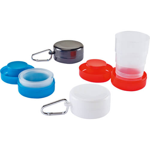 Copo retrátil personalizado 200 ml, com mosquetão e compartimento para comprimidos