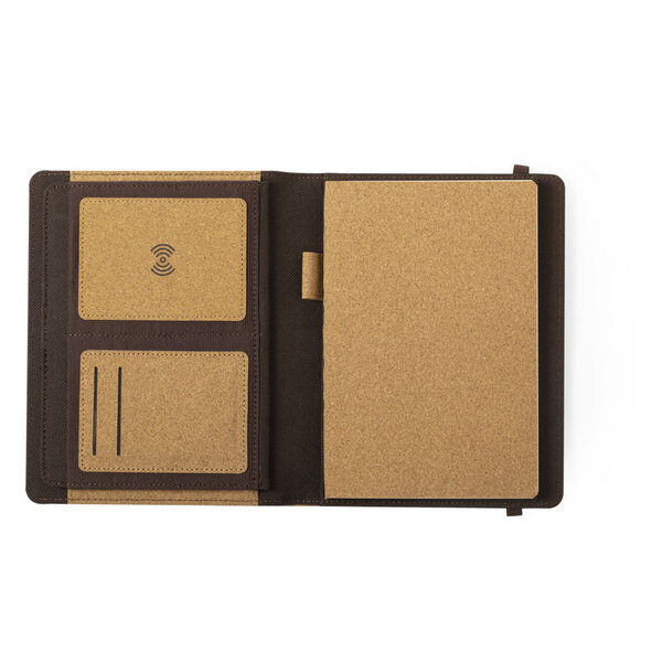 Capa com carregador e bloco de notas em cortiça