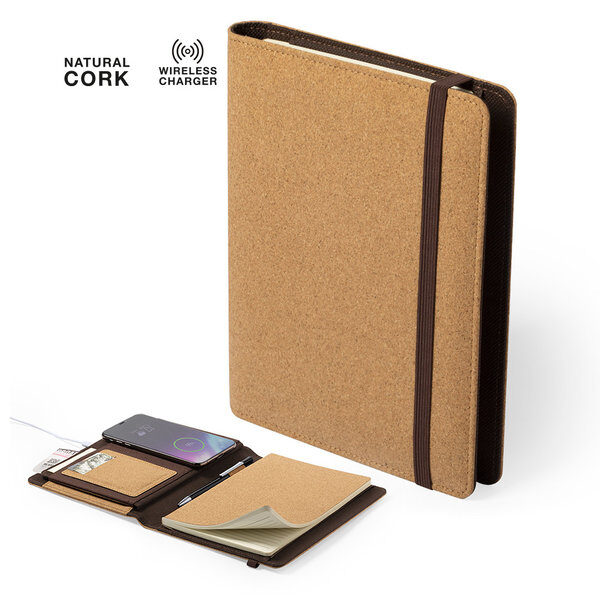 Capa com carregador e bloco de notas em cortiça