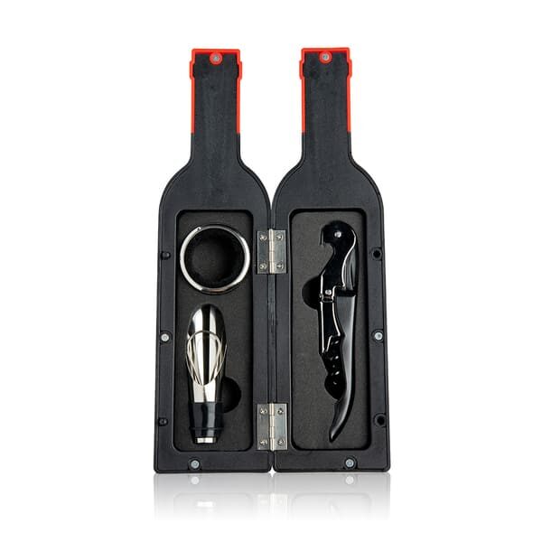 Set para vinho personalizado em forma de garrafa, com saca-rolhas, decantador e salva gotas