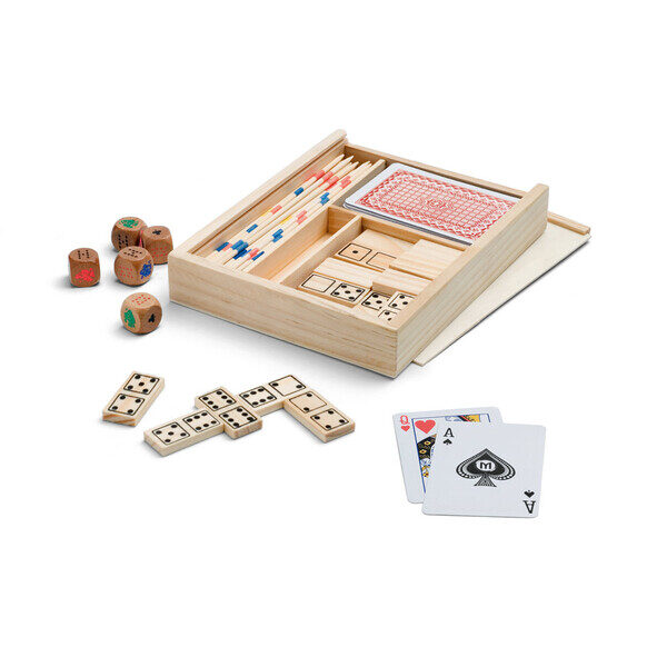Conjunto de jogos para toda a família: 4 em 1. Caixa de madeira que inclui: dominó, mikado, um baralho de cartas e dados.